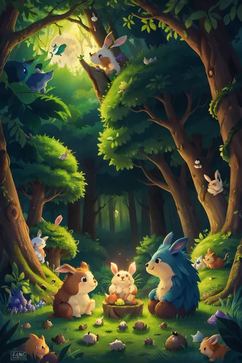 enchanted forest, the bunnies and hedgehogs sit and watch the moon rises from behind the hill