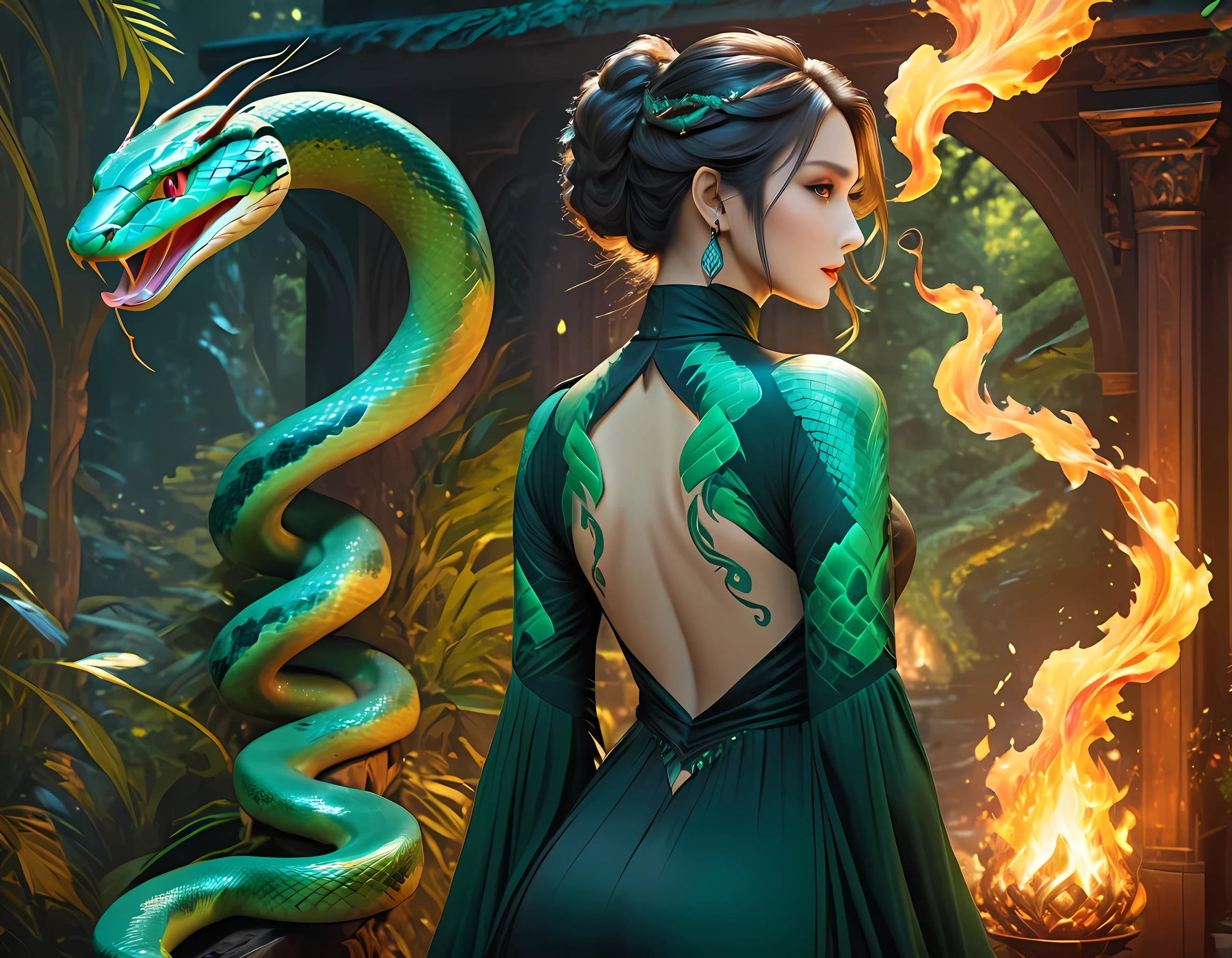 Arafed, Dark fantasy art, fantasy art, goth art, a picture of a tattoo of a green snake on the back of a female elf, a glowing tattoo of a ((green snake: 1.3)) on the elf's back, the tattoo is vivid, intricate detailed, ((fire surrounds the snake: 1.5)), shot taken from the back ((the back is visible: 1.3) she wears a transparent black dress, elegant dress, flowing dress, elven style dress, the tattoo glows, dynamic hair color, dynamic hair style, vibrant, Ultra-high resolution, High Contrast, (masterpiece:1.5), highest quality, Best aesthetics, best details, best quality, highres, 16k, (ultra detailed: 1.5), masterpiece, best quality, (extremely detailed) RAW, (ultra details, Masterpiece, best quality), fflix_ufantasy