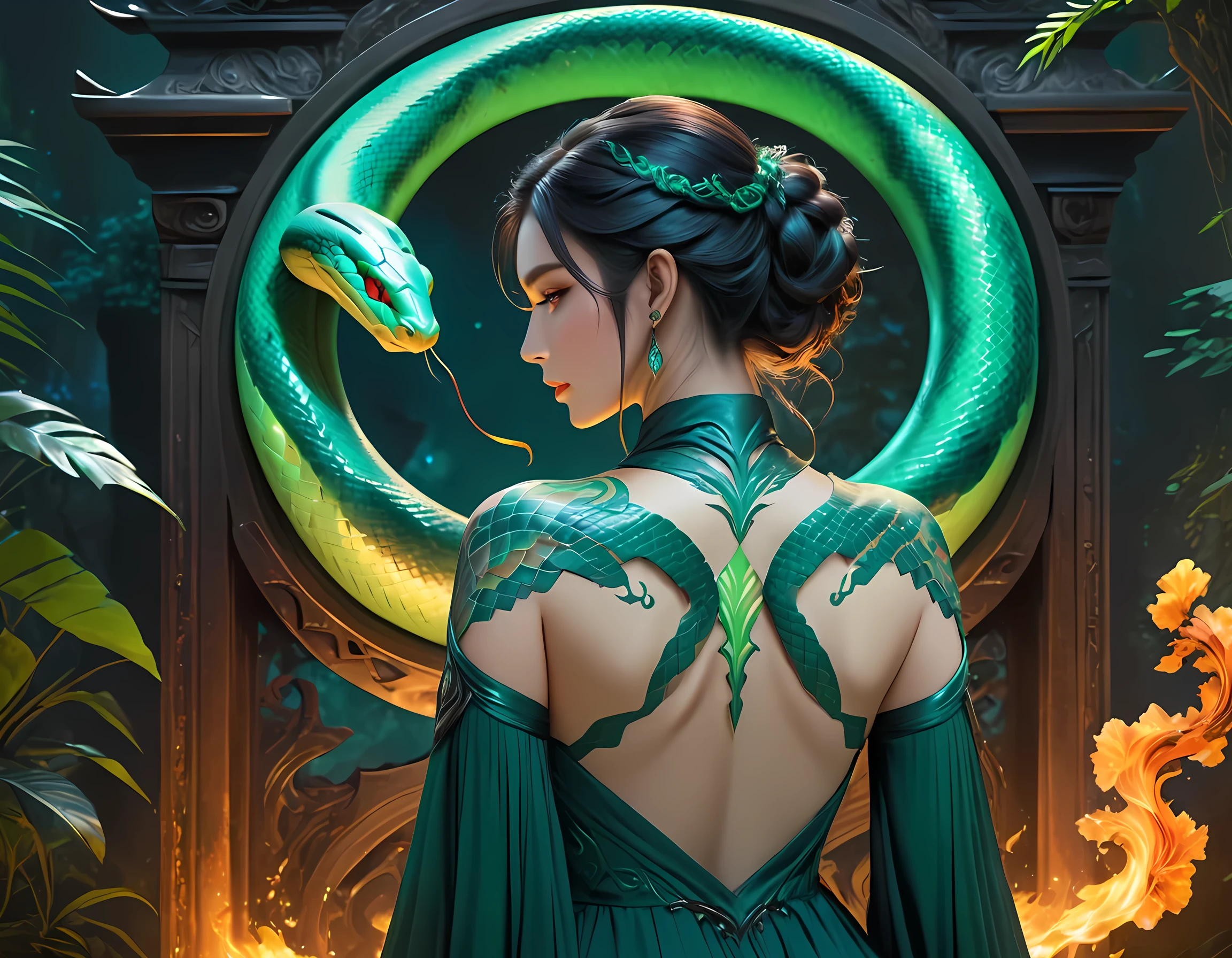 Arafed, Dark fantasy art, fantasy art, goth art, a picture of a tattoo of a green snake on the back of a female elf, a glowing tattoo of a ((green snake: 1.3)) on the elf's back, the tattoo is vivid, intricate detailed, ((fire surrounds the snake: 1.5)), shot taken from the back ((the back is visible: 1.3) she wears a transparent black dress, elegant dress, flowing dress, elven style dress, the tattoo glows, dynamic hair color, dynamic hair style, vibrant, Ultra-high resolution, High Contrast, (masterpiece:1.5), highest quality, Best aesthetics, best details, best quality, highres, 16k, (ultra detailed: 1.5), masterpiece, best quality, (extremely detailed) RAW, (ultra details, Masterpiece, best quality), fflix_ufantasy