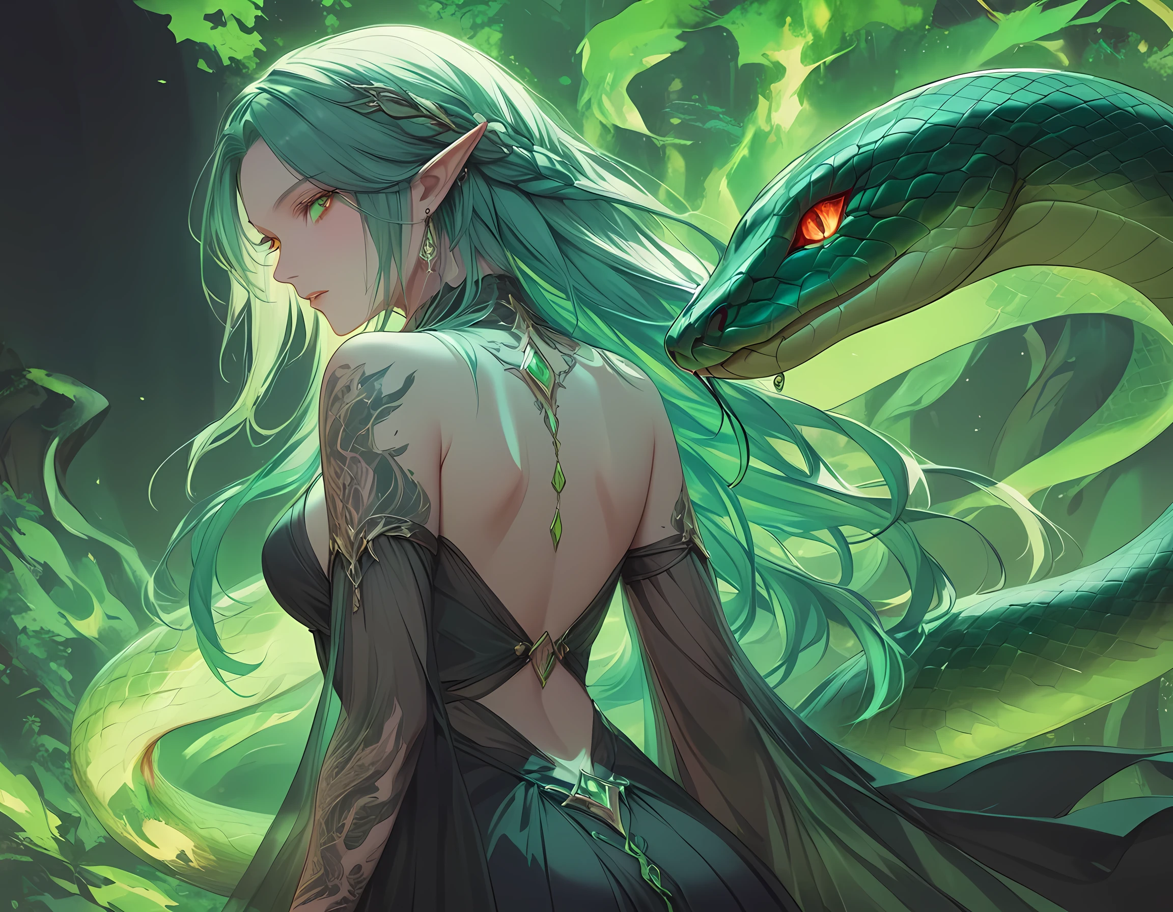 Arafed, Dark fantasy art, fantasy art, goth art, a picture of a tattoo of a green snake on the back of a female elf, a glowing tattoo of a ((green snake: 1.3)) on the elf's back, the tattoo is vivid, intricate detailed, ((fire surrounds the snake: 1.5)), shot taken from the back ((the back is visible: 1.3) she wears a transparent black dress, elegant dress, flowing dress, elven style dress, the tattoo glows, dynamic hair color, dynamic hair style, vibrant, Ultra-high resolution, High Contrast, (masterpiece:1.5), highest quality, Best aesthetics, best details, best quality, highres, 16k, (ultra detailed: 1.5), masterpiece, best quality, (extremely detailed) RAW, (ultra details, Masterpiece, best quality), fflix_ufantasy