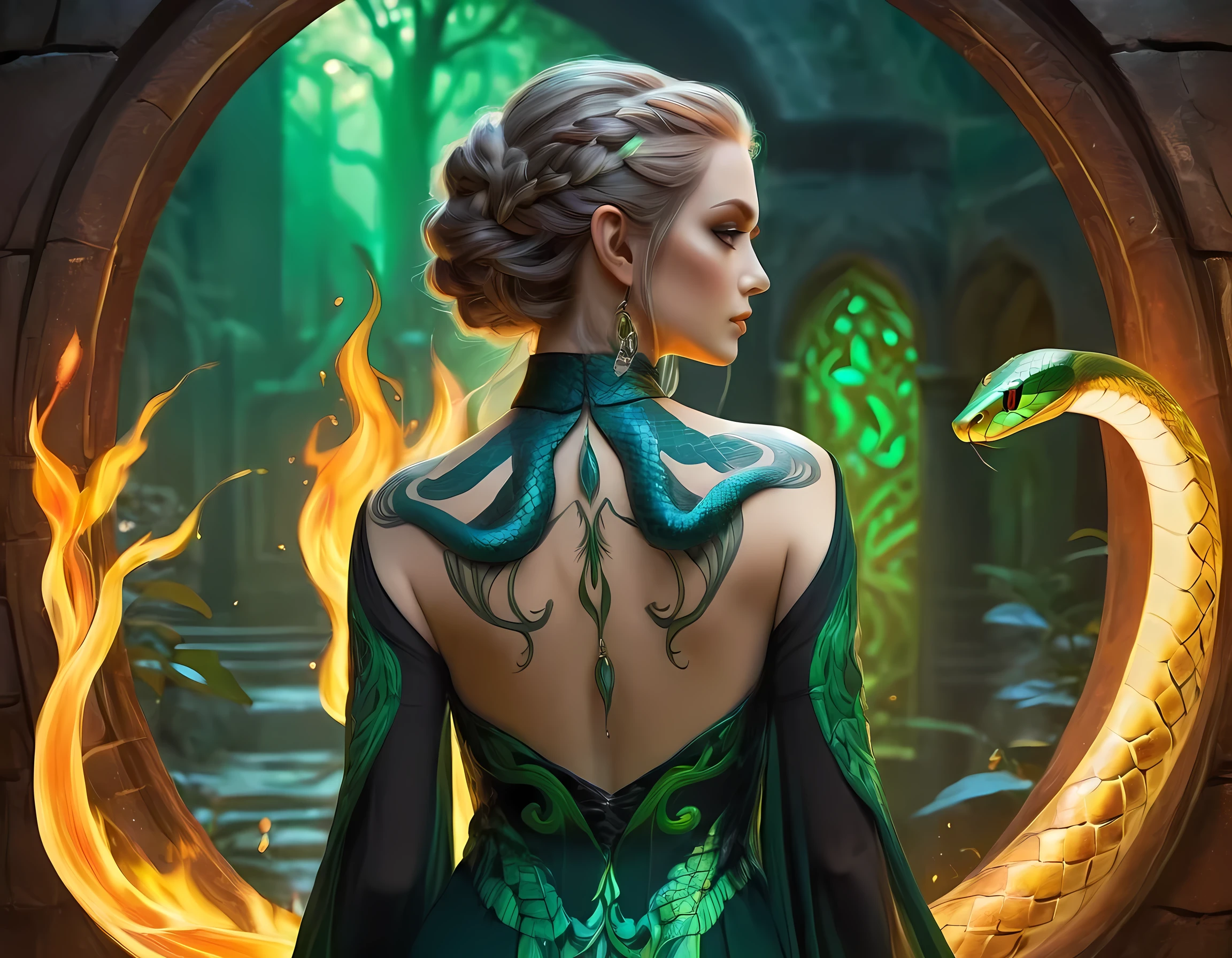 Arafed, Dark fantasy art, fantasy art, goth art, a picture of a tattoo of a green snake on the back of a female elf, a glowing tattoo of a ((green snake: 1.3)) on the elf's back, the tattoo is vivid, intricate detailed, ((fire surrounds the snake: 1.5)), shot taken from the back ((the back is visible: 1.3) she wears a transparent black dress, elegant dress, flowing dress, elven style dress, the tattoo glows, dynamic hair color, dynamic hair style, vibrant, Ultra-high resolution, High Contrast, (masterpiece:1.5), highest quality, Best aesthetics, best details, best quality, highres, 16k, (ultra detailed: 1.5), masterpiece, best quality, (extremely detailed) RAW, (ultra details, Masterpiece, best quality), fflix_ufantasy