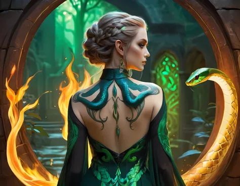 arafed, dark fantasy art, fantasy art, goth art, a picture of a tattoo of a green snake on the back of a female elf, a glowing t...