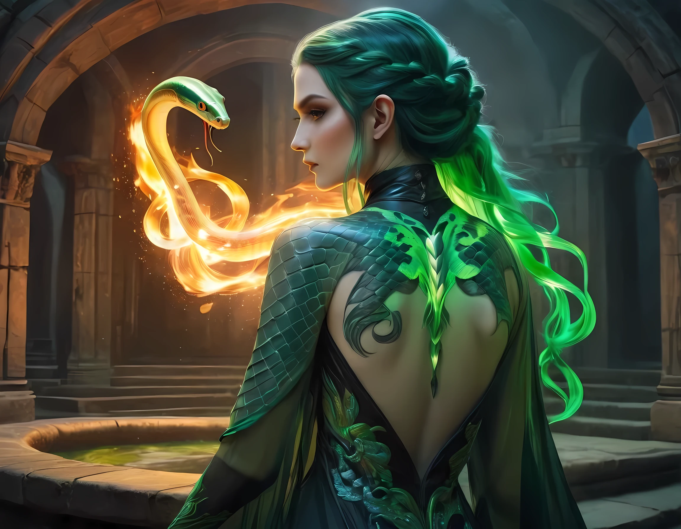 Arafed, Dark fantasy art, fantasy art, goth art, a picture of a tattoo of a green snake on the back of a female elf, a glowing tattoo of a ((green snake: 1.3)) on the elf's back, the tattoo is vivid, intricate detailed, ((fire surrounds the snake: 1.5)), shot taken from the back ((the back is visible: 1.3) she wears a transparent black dress, elegant dress, flowing dress, elven style dress, the tattoo glows, dynamic hair color, dynamic hair style, vibrant, Ultra-high resolution, High Contrast, (masterpiece:1.5), highest quality, Best aesthetics, best details, best quality, highres, 16k, (ultra detailed: 1.5), masterpiece, best quality, (extremely detailed) RAW, (ultra details, Masterpiece, best quality), fflix_ufantasy