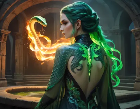 arafed, dark fantasy art, fantasy art, goth art, a picture of a tattoo of a green snake on the back of a female elf, a glowing t...