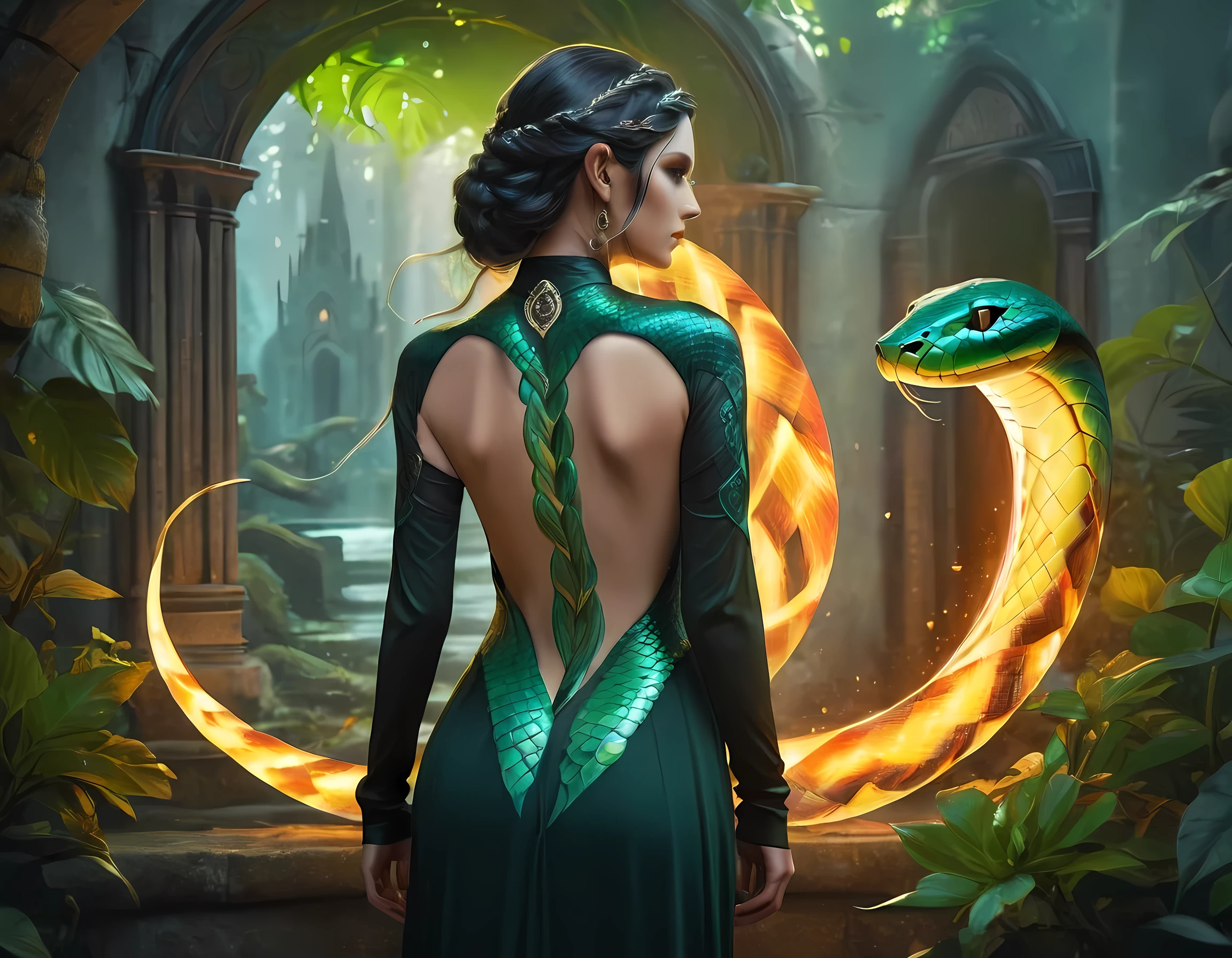 Arafed, Dark fantasy art, fantasy art, goth art, a picture of a tattoo of a green snake on the back of a female elf, a glowing tattoo of a ((green snake: 1.3)) on the elf's back, the tattoo is vivid, intricate detailed, ((fire surrounds the snake: 1.5)), shot taken from the back ((the back is visible: 1.3) she wears a transparent black dress, elegant dress, flowing dress, elven style dress, the tattoo glows, dynamic hair color, dynamic hair style, vibrant, Ultra-high resolution, High Contrast, (masterpiece:1.5), highest quality, Best aesthetics, best details, best quality, highres, 16k, (ultra detailed: 1.5), masterpiece, best quality, (extremely detailed) RAW, (ultra details, Masterpiece, best quality), fflix_ufantasy