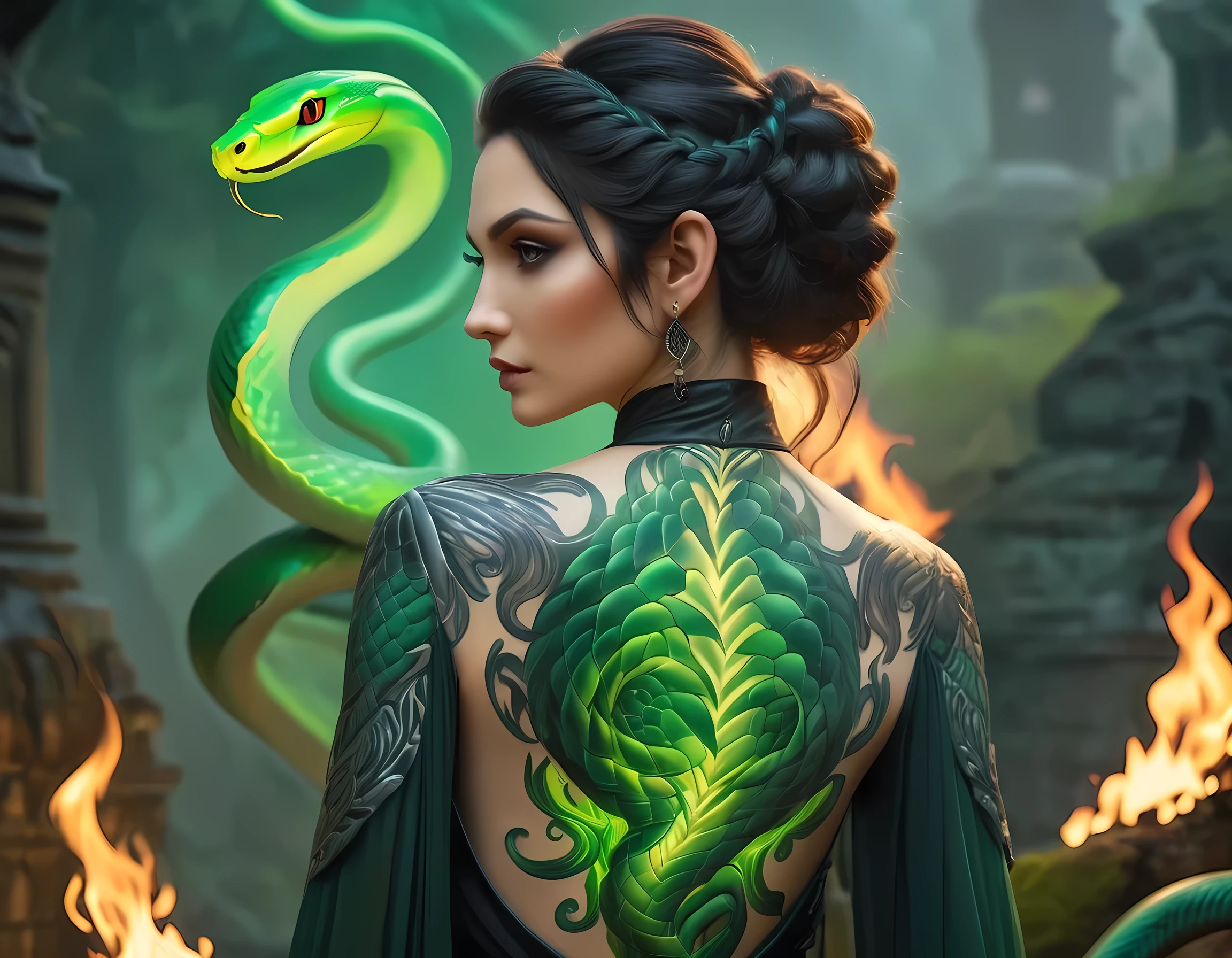 Arafed, Dark fantasy art, fantasy art, goth art, a picture of a tattoo of a green snake on the back of a female elf, a glowing tattoo of a ((green snake: 1.3)) on the elf's back, the tattoo is vivid, intricate detailed, ((fire surrounds the snake: 1.5)), shot taken from the back ((the back is visible: 1.3) she wears a transparent black dress, elegant dress, flowing dress, elven style dress, the tattoo glows, dynamic hair color, dynamic hair style, vibrant, Ultra-high resolution, High Contrast, (masterpiece:1.5), highest quality, Best aesthetics, best details, best quality, highres, 16k, (ultra detailed: 1.5), masterpiece, best quality, (extremely detailed) RAW, (ultra details, Masterpiece, best quality), fflix_ufantasy