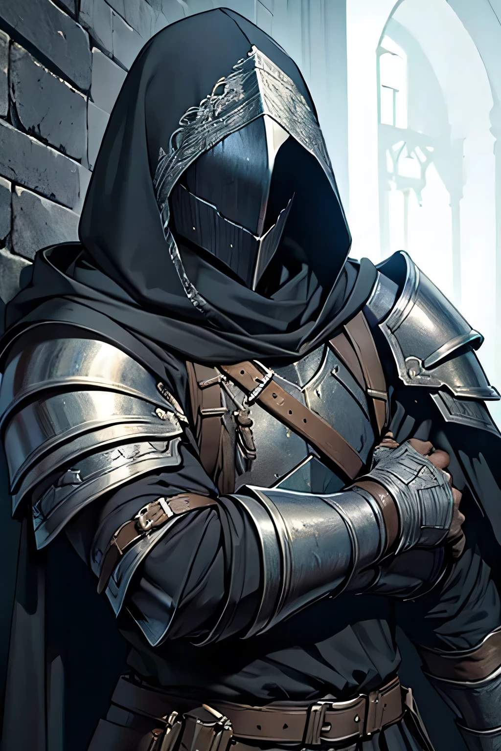 a man wearing a hood covering his eyes, wearing armor, Looking at the camera, dark souls style,better quality, HD,