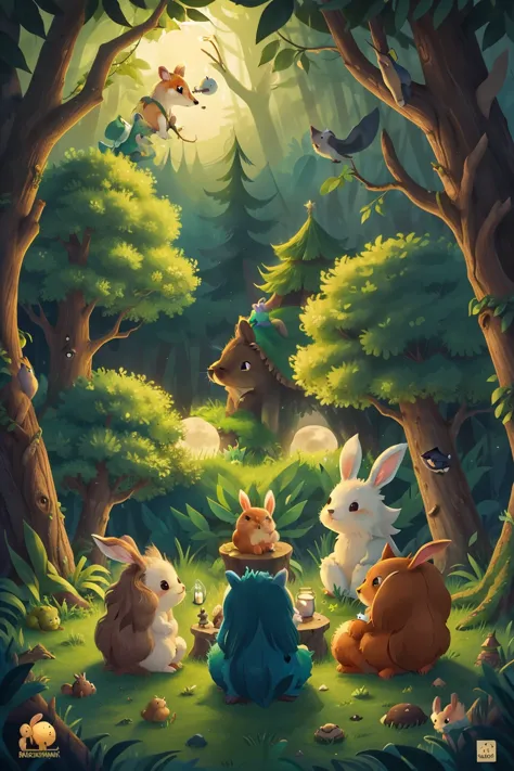 enchanted forest, the bunnies and hedgehogs sit and watch the full moon rises from behind the hills