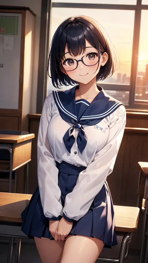 high image quality、masterpiece、high definition、a japanese high school girl、long-sleeved navy blue sailor suit、school classroom, ...