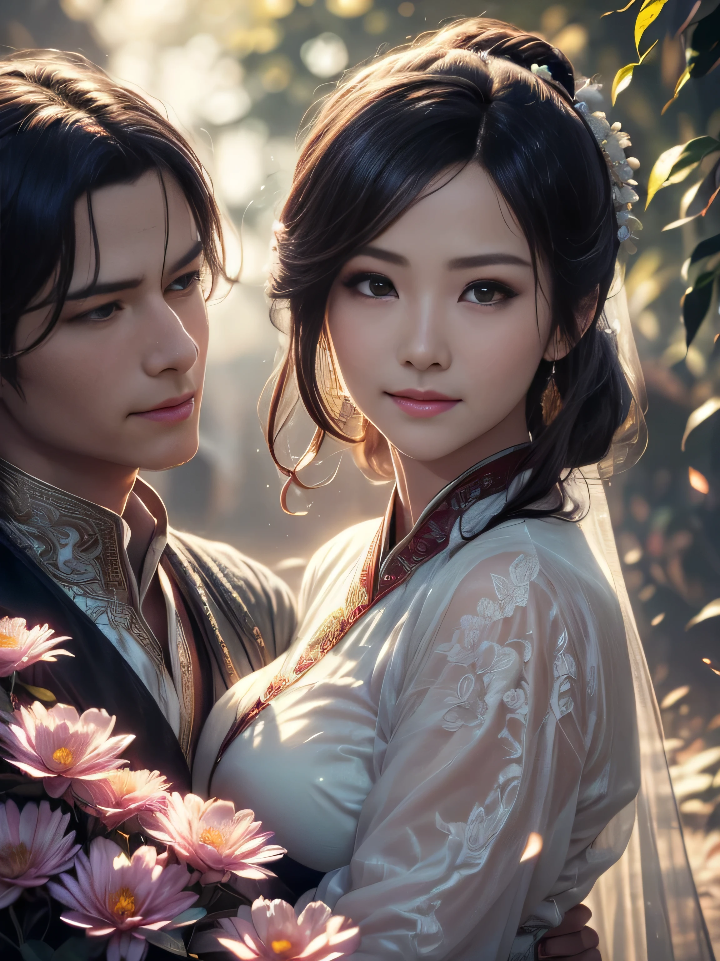 (Best Quality, Super Detail, Masterpiece, Representative Work, Official Art, Professional, Super Fine Detail, 8k:1.3), (photorealism:1.2), (Couple, Beautiful Girl and Boy), A couple in the sea of flowers, Handsome guy hugs beautiful girl from behind, Smiling and Wearing White Clothes, Delicate Hair, Ancient Chinese Beauty and Handsome Man, Wearing Ancient Chinese Clothes, Flowing Tulle, Light Silk, Create a movie poster similar to those used in Chinese romantic fantasy dramas, Correct proportions, Perfect face, perfect hands, Sweet atmosphere, Photorealistic, Sharp Focus, Dreamy Atmosphere, Delicate Details, Soft Volumetric Light, (Backlight:1.3), (Cinematic:1.2), Intricate Details, (ArtStation:1.3)