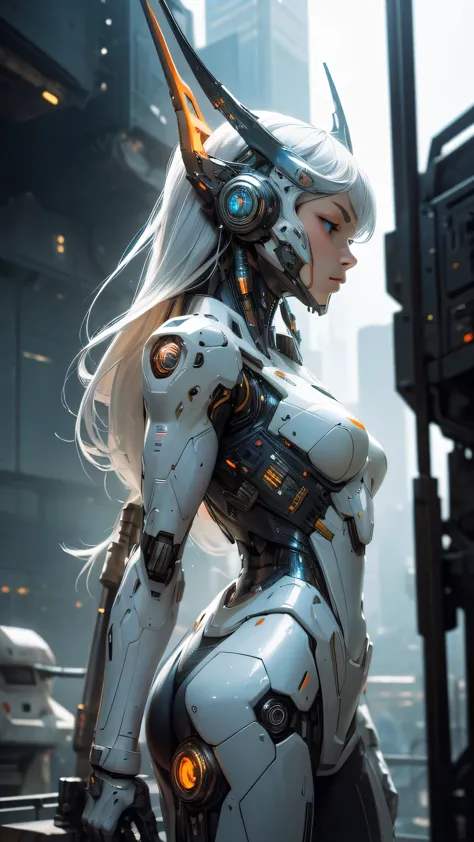 1girl, a beautiful girl cyborg cyberpunk with a cyberpunk city tall buildings, white hair, cybermask, white and orange and black...