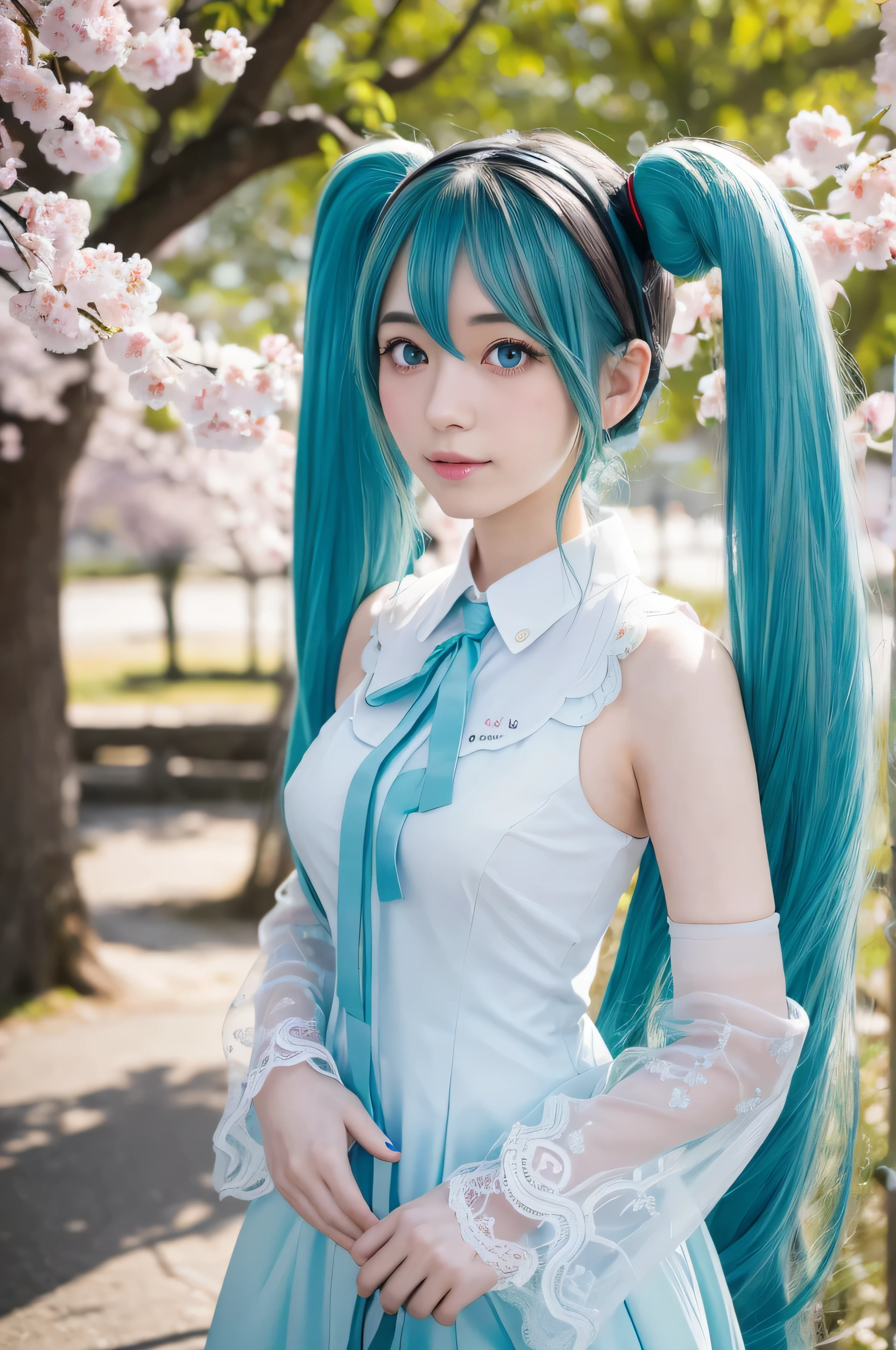 Best Quality,photographの品質,超High resolution</input></>,Professional Lighting,1,Like a beautiful face, Cosplay Girl, Hatsune Miku, seed: 2695708738, Twin tails, (Hair Color, Blue-green:1.3), Large Breasts, Cute like a little sister:1.2, (((Ultra-realistic))) photograph, masterpiece</input></>, Best Quality, (Pale skin), (Ultra-detailed face and eyes:1.3), Cosplay Girl, Hatsune Miku, Shrines and temples, Cherry blossoms fluttering, 