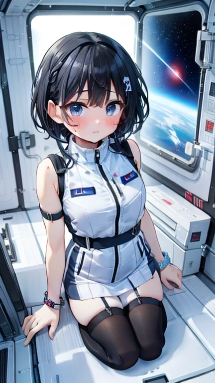 (Best Quality), (masterpiece), 1080P, High resolution, 4K, 8k, Inside the space station、Futuristic room、Thigh straps, Shooting from directly below, The woman on top of me, 白いsweat, Covered , sweat, Woman looking down, Skirt swimsuit, Thigh-high socks, To achieve this, , , whole body, Black leather shoes, Braided Hair, Inner Color, Embarrassed face, Short black hair, bracelet, bedroom,astrovest
