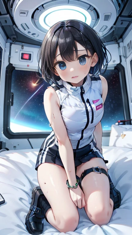 (Best Quality), (masterpiece), 1080P, High resolution, 4K, 8k, Inside the space station、Futuristic room、Thigh straps, Shooting from directly below, The woman on top of me, 白いsweat, Covered , sweat, Woman looking down, Skirt swimsuit, Thigh-high socks, To achieve this, , , whole body, Black leather shoes, Braided Hair, Inner Color, Embarrassed face, Short black hair, bracelet, bedroom,astrovest
