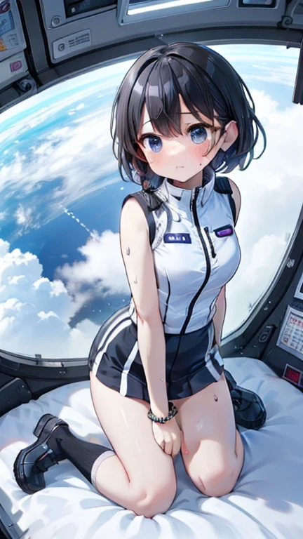 (Best Quality), (masterpiece), 1080P, High resolution, 4K, 8k, Inside the space station、Futuristic room、Thigh straps, Shooting from directly below, The woman on top of me, 白いsweat, Covered , sweat, Woman looking down, Skirt swimsuit, Thigh-high socks, To achieve this, , , whole body, Black leather shoes, Braided Hair, Inner Color, Embarrassed face, Short black hair, bracelet, bedroom,astrovest
