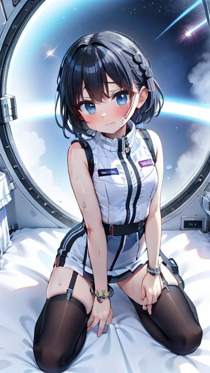 (Best Quality), (masterpiece), 1080P, High resolution, 4K, 8k, Inside the space station、Futuristic room、Thigh straps, Shooting from directly below, The woman on top of me, 白いsweat, Covered , sweat, Woman looking down, Skirt swimsuit, Thigh-high socks, To achieve this, , , whole body, Black leather shoes, Braided Hair, Inner Color, Embarrassed face, Short black hair, bracelet, bedroom,astrovest
