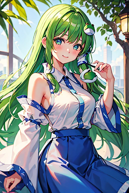 best quality, masterpiece, highres, solo, {kochiya_sanae_touhou:1.15}, green_hair, long_hair, hair_ornament, frog_hair_ornament, snake_hair_ornament, hair_tubes, blush, bangs, breasts, smile, green_eyes, upper_body, blue_eyes