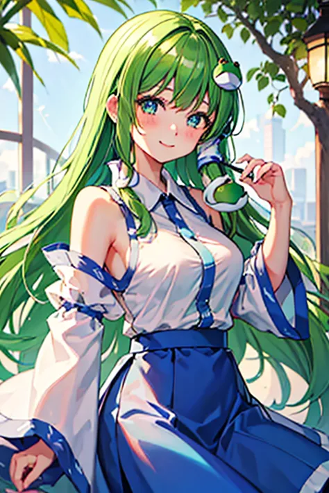 best quality, masterpiece, highres, solo, {kochiya_sanae_touhou:1.15}, green_hair, long_hair, hair_ornament, frog_hair_ornament,...