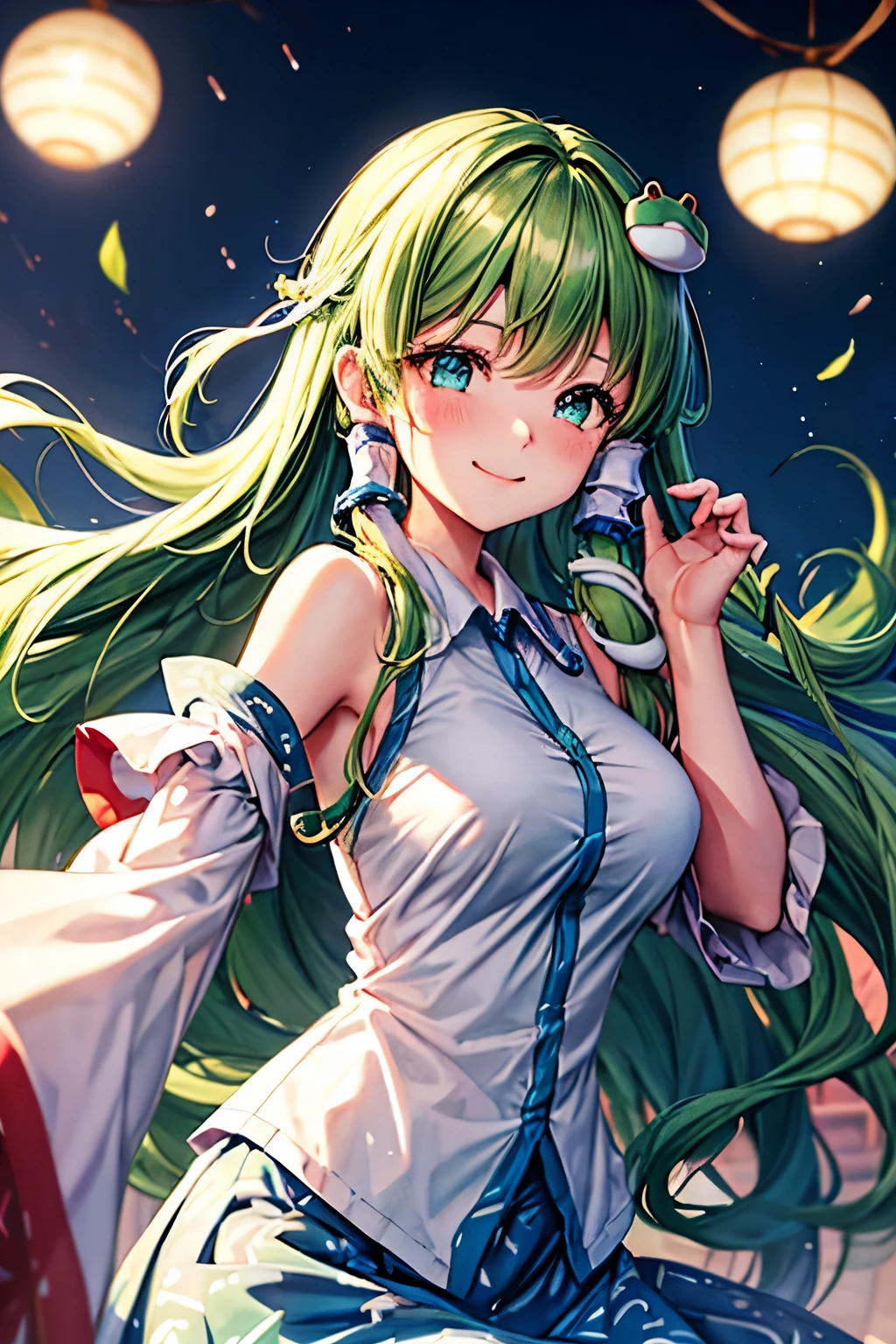 best quality, masterpiece, highres, solo, {kochiya_sanae_touhou:1.15}, green_hair, long_hair, hair_ornament, frog_hair_ornament, snake_hair_ornament, hair_tubes, blush, bangs, breasts, smile, green_eyes, upper_body, blue_eyes