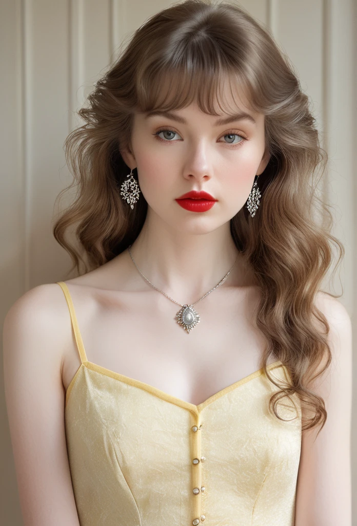 (Long hair with thick perm, Split bangs, Solo, From Finland, A young girl_, Upper body)), A perfectly symmetrical oval face, Red lips, pale skin, Simple pastel yellow dress, distinct clavicle, big breasts, Silver shoulder tattoo, thin waist, Elegant Portrait, 8k stock photos, (Ivory walls with gridded sunlight_inside),