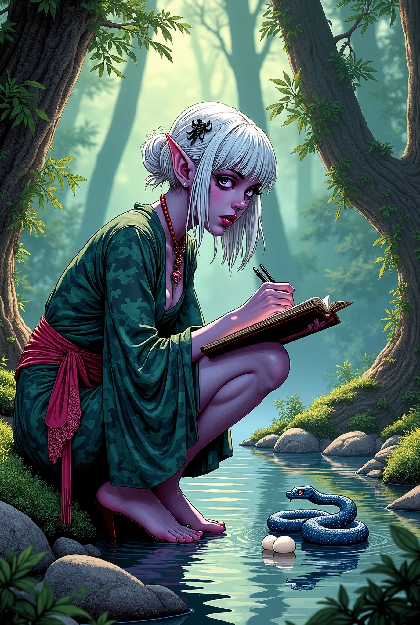 (Ultra-detailed face, Looking Away, Fantasy Illustration with Gothic, Modern Ukiyo-e Style, Comic Art, Dark Tone Colors), 
BREAK 
(This is a brightly lit corner in a deep green forest. Water gushes silently from a clear, small spring. A blue snake mother watches over her tiny white eggs in the shade of a rock on the mossy shore.), 
BREAK 
(With sleepy eyes, the female dark elf explorer crouches a short distance away and sketches the mother snake. The sketchbook is about the size of an A3 standard with a leather binding and a black crayon. (parabolic effect)), 
BREAK 
(A young-aged Dark Elf woman with pure white hair and eyebrows, blunt bangs, layered cut, very long, messy hair, small pink lips,  dark purple color skin, almond-shaped eyes, lavender pupils, thick, dark eyeliner around the eyes, and smoky makeup around the eyes.), 
BREAK 
(The dark elf female artist wears a small black scorpion motif hair ornament and a sea green camouflage print sheath dress. Peasant sleeves. She wears a red jeweled dog necklace and a pink lace fabric sash belt. She wears deep red Sabrina shoes on bare feet.)