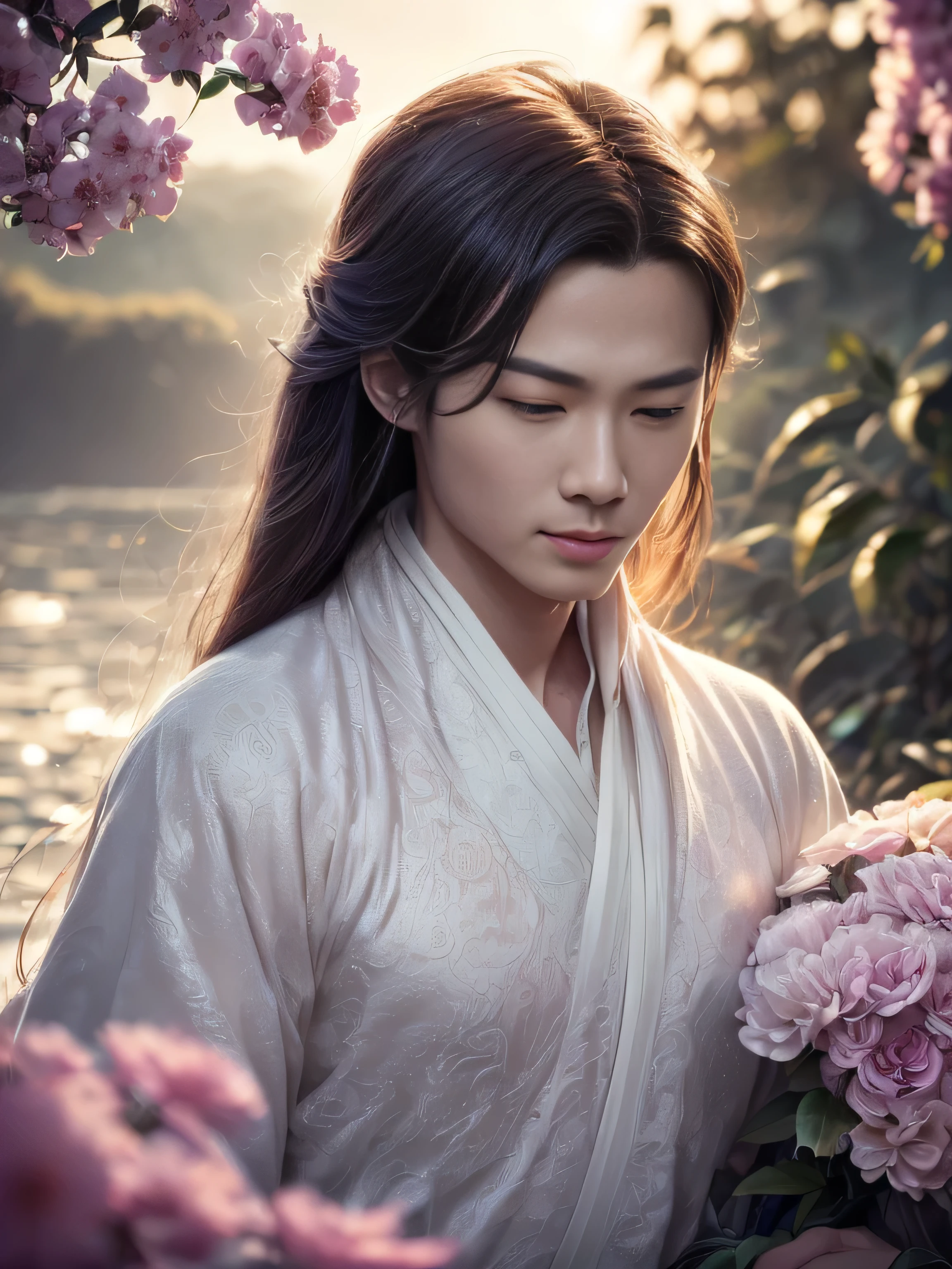 (Best Quality, Super Detail, Masterpiece, Representative Work, Official Art, Professional, Super Fine Detail, 8k:1.3), (photorealism:1.2), (Couple, Beautiful Girl and Boy), A couple in the sea of flowers, Handsome guy hugs beautiful girl from behind, Smiling and Wearing White Clothes, Delicate Hair, Ancient Chinese Beauty and Handsome Man, Wearing Ancient Chinese Clothes, Flowing Tulle, Light Silk, Create a movie poster similar to those used in Chinese romantic fantasy dramas, Correct proportions, Perfect face, perfect hands, Sweet atmosphere, Photorealistic, Sharp Focus, Dreamy Atmosphere, Delicate Details, Soft Volumetric Light, (Backlight:1.3), (Cinematic:1.2), Intricate Details, (ArtStation:1.3)