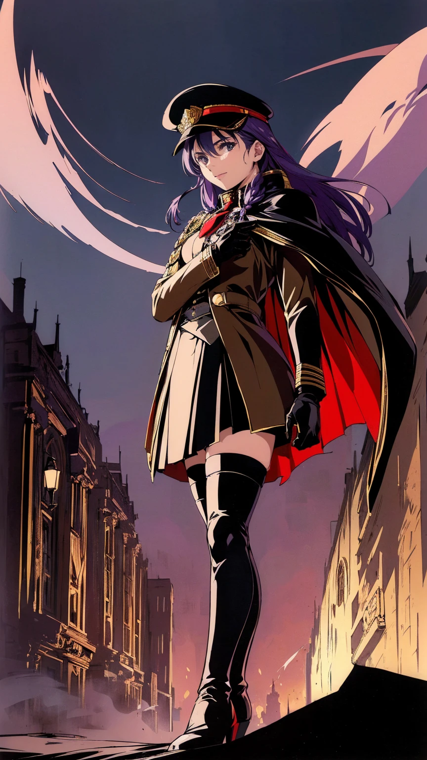 Realistic, Abandoned City, Rubble pile, Brick Building, One Woman (1, Far away  Haair, Far away slits, Red eyes, Glaring eyes, Exquisite face, Standing (Underfloor, Stand with your feet shoulder-width apart), Lolita style military Uniform ( base, Red insert, Golden decoration, Steering Wheel, ワイドスリーブdainty and Subtle detailsing Armor),  Far away gloves (, Red insert, Golden decoration, small Haands, Armor),  Far away gloves, Knee-high boots (, High heels, Red soles), Haa (, Abba Dourada, Shield Emblem, Subtle detailss), Put your arms out in front, In front of the belly, Holding military swords with both Haands (, Golden decoration, Subtle details, Top handle, Blade facing the ground, In front of the body, Far away), Night Sky (, star, Increased fire and smoke) Pale painting style, One Girl, super high quality, Super detailed, Super detaileded image, long Haair, View your viewers, skirt, shirt, Haair ornament, Purple eyes, gloves, Round Glass, Long sleeve, Haat, Mouth closed, jacket, violet Haair, Braiding, Open clothes, tie, Black Gloves, black skirt, Uniform, single Braiding, open jacket, black jacket, Black Hat, bracelet, peaked cap, black tie, cropped jacket, military Haat, PantyhoseFlat ChestSmile, Black Cape