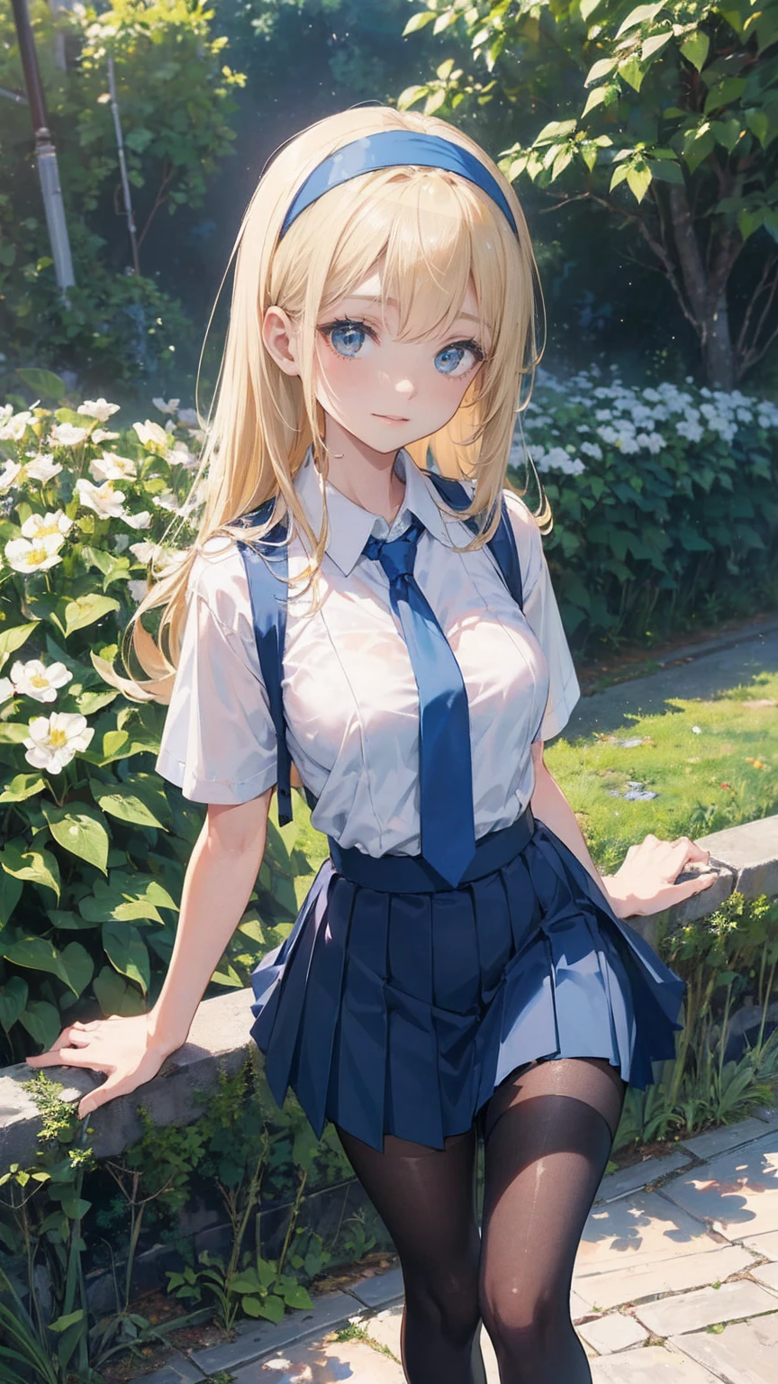 ((Best Quality)), ((masterpiece)), (detailed), (Focus on the characters、Focus on breasts,whole body), Anime 2D Rendering, Realistic young anime woman, Five fingers, Perfect Face, Beautiful details, Beautiful body, Beautiful breasts, beautiful thighs, (Small breasts)、Beautiful legs, (White beautiful skin), baby face、 Girl、一人Girl, blonde、(Long Hair、White headband), ((Collared short-sleeved shirt, White shirt, Blue checkered pleated skirt, Blue tie))、(Black Pantyhose、), Wicked Smile、((Green))、garden、She turns her face and body towards the viewer，A pretty face and a charming smile，Standing、
