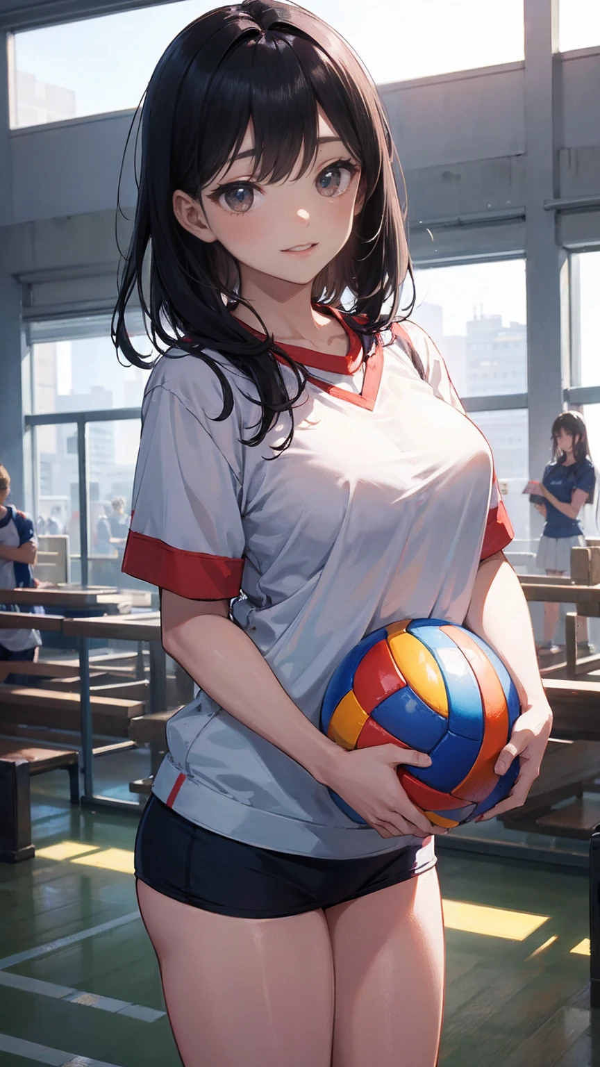 Tall、A black-haired high school girl with excellent athletic ability, Wearing a gym uniform, Holding a volleyball, Stand with Confidence, Cheerful and smiling, In a large school gym, Surrounded by classmates, Bright sunlight streaming through the window, Her posture is strong、Excellent athletic ability, Her eyes are full of energy, In the background, they are teasing her., She is unfazed, Anime Style, Bright and warm lighting, Detailed Gym Background, Dynamic composition, 8K quality, Very detailed
