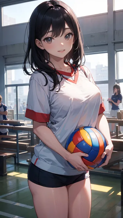 tall、a black-haired high school girl with excellent athletic ability, wearing a gym uniform, holding a volleyball, stand with co...