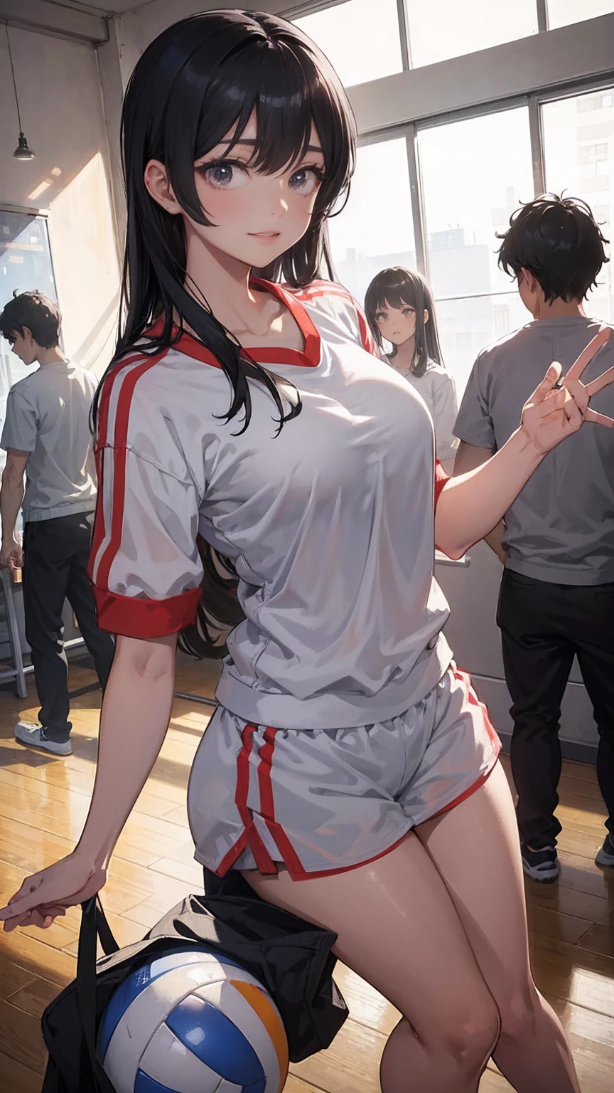 Tall、A black-haired high school girl with excellent athletic ability, Wearing a gym uniform, Holding a volleyball, Stand with Confidence, Cheerful and smiling, In a large school gym, Surrounded by classmates, Bright sunlight streaming through the window, Her posture is strong、Excellent athletic ability, Her eyes are full of energy, In the background, they are teasing her., She is unfazed, Anime Style, Bright and warm lighting, Detailed Gym Background, Dynamic composition, 8K quality, Very detailed
