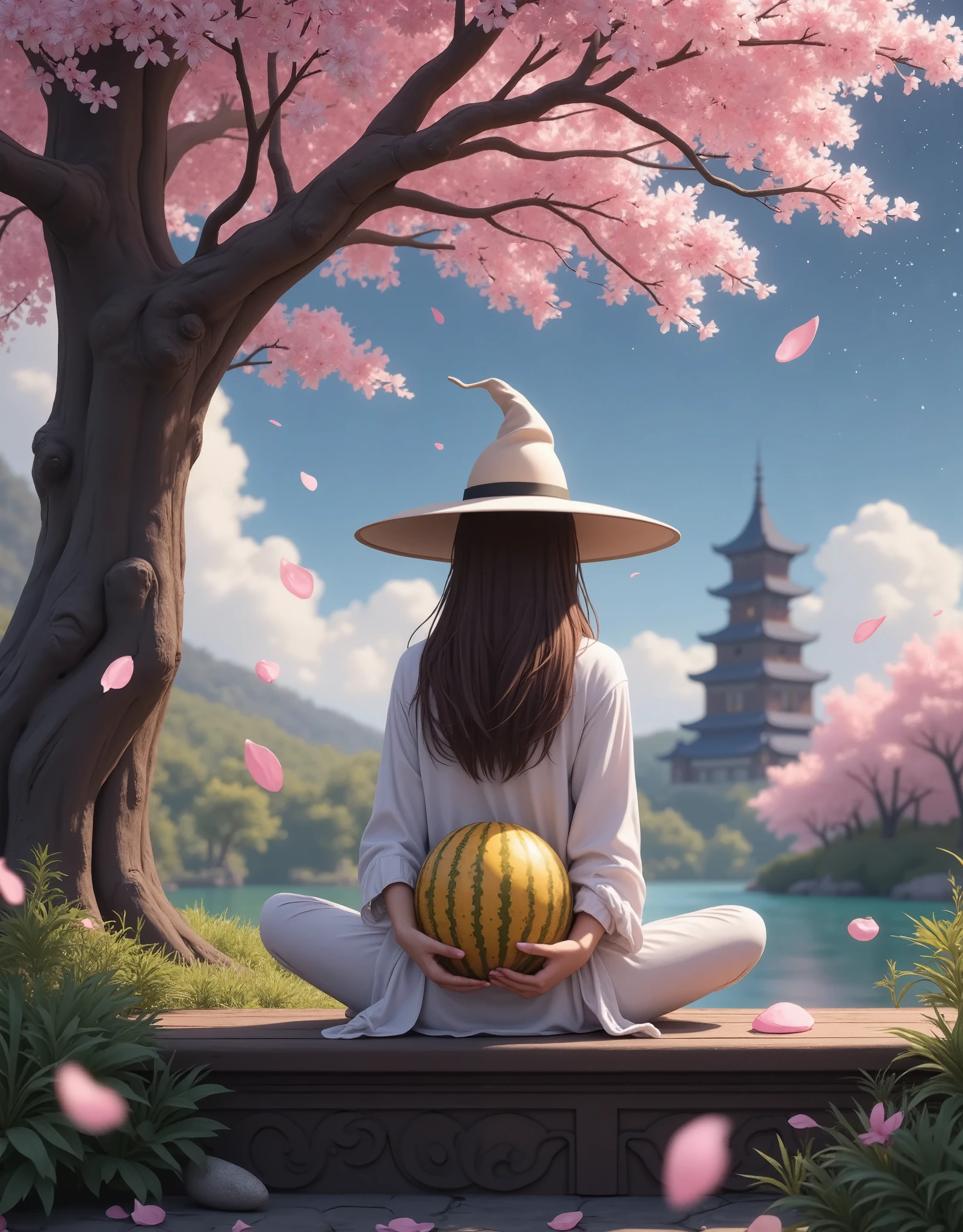 1girl, solo, close-up, powerful sorceress, wide magic hat, holding a big golden watermelon, golden rind, crossed legs, sitting on ornate dark wooden surface under Sakura tree, falling petals, magic garden, lake, starry night sky, magic tower in the distance.