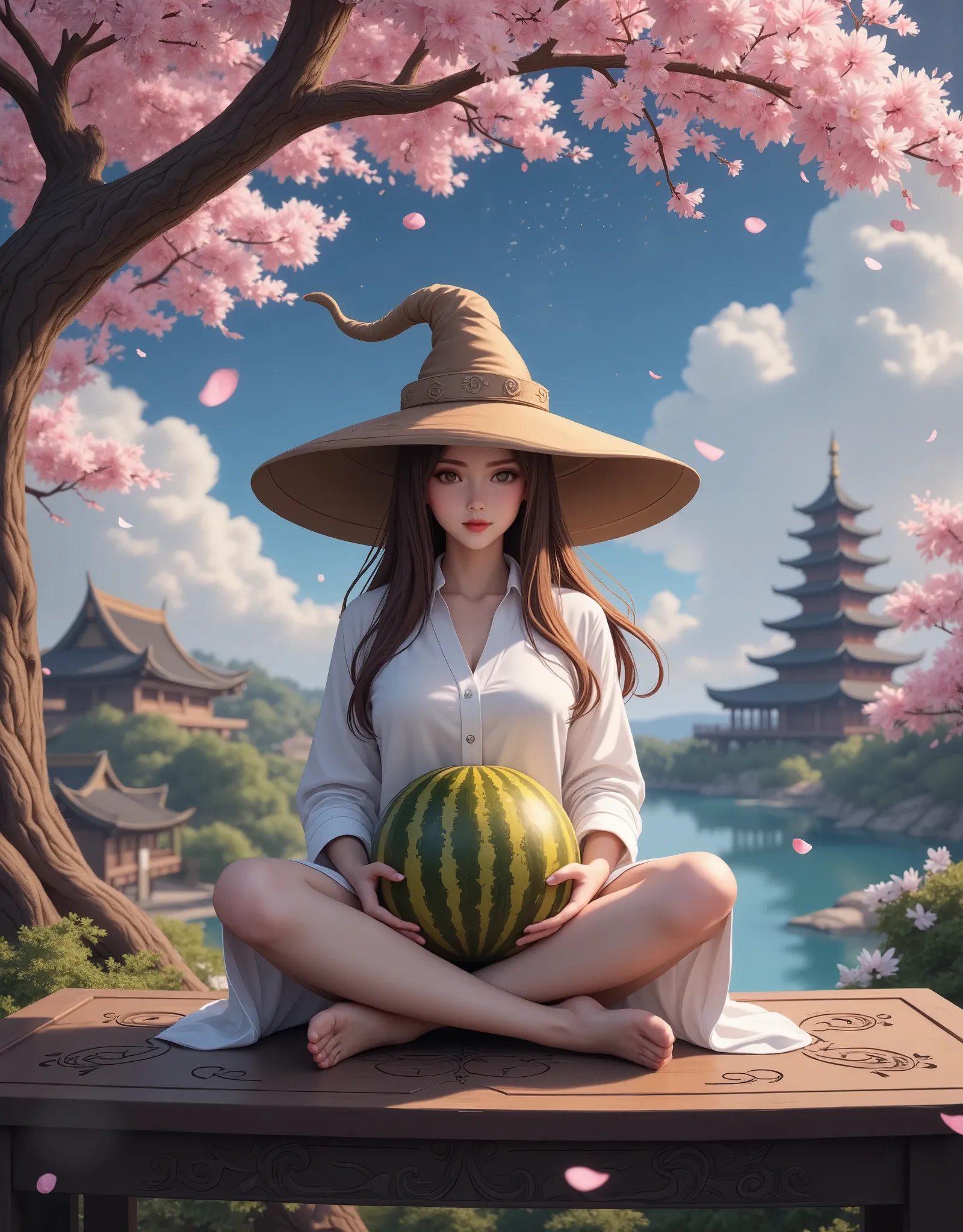 1girl, solo, close-up, powerful sorceress, wide magic hat, holding a big golden watermelon, golden rind, crossed legs, sitting o...