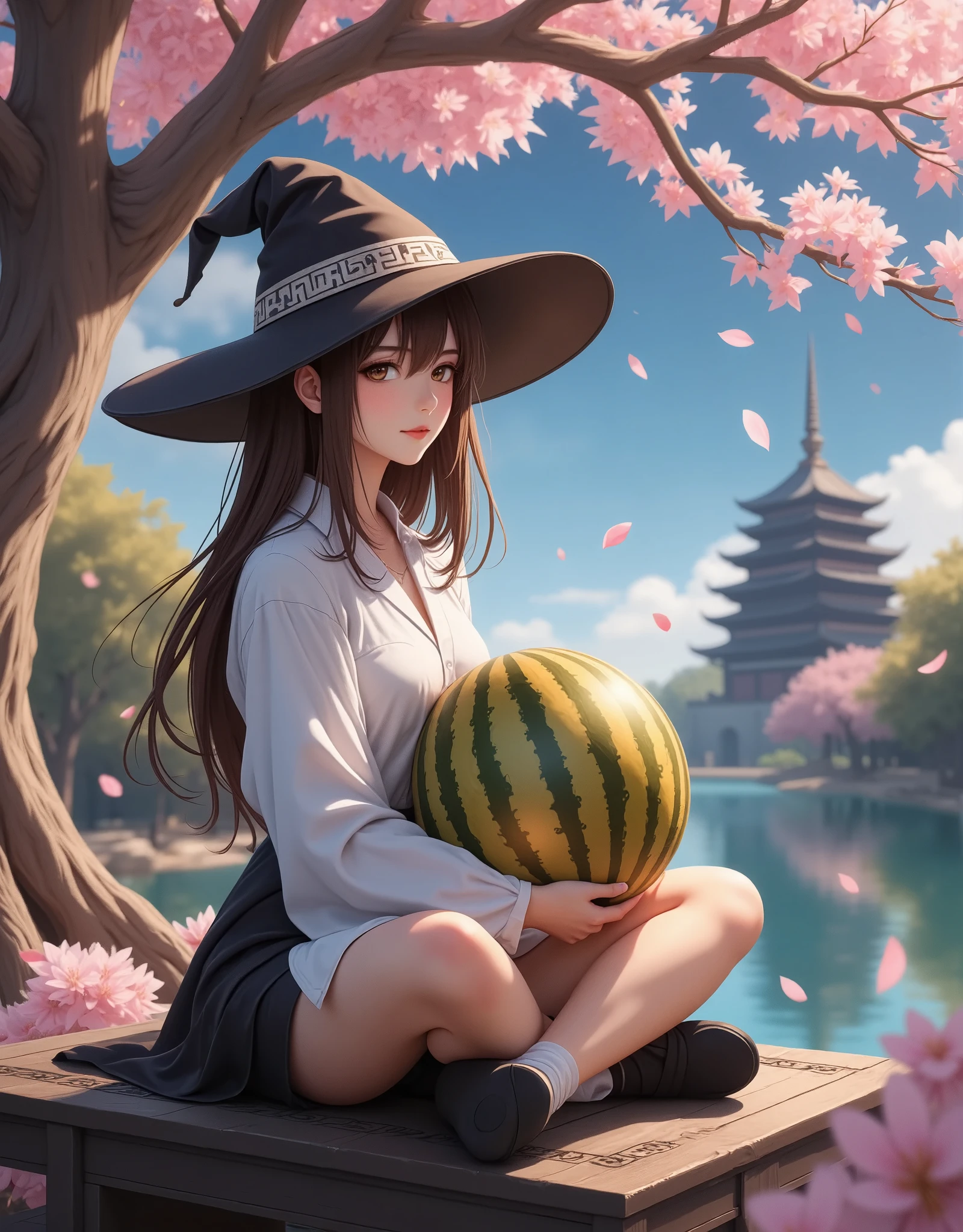 1girl, solo, close-up, powerful sorceress, wide magic hat, holding a big golden watermelon, golden rind, crossed legs, sitting on ornate dark wooden surface under Sakura tree, falling petals, magic garden, lake, starry night sky, magic tower in the distance.