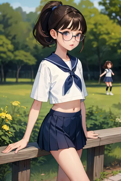 
Best Quality、High resolution、masterpiece detailed background、Very small teenage girl，(Two Girls:1.5)、Brown Hair、baby face，Glasses，Bobcut、ponytail、Flat Chest:1.3、Very short stature，Very thin thighs，Brightly colored sailor suits、Navy blue pleated mini skirt、White knee-length socks、，belly button，Children&#39;Floral embroidered panties、Floral embroidered bra、She showed me her panties with a happy look on her face...，Laugh playfully、smile、Small and cute，lift，school bag，Cunning gestures，Holding a big teddy bear，Precisely detailed cute teddy bear，