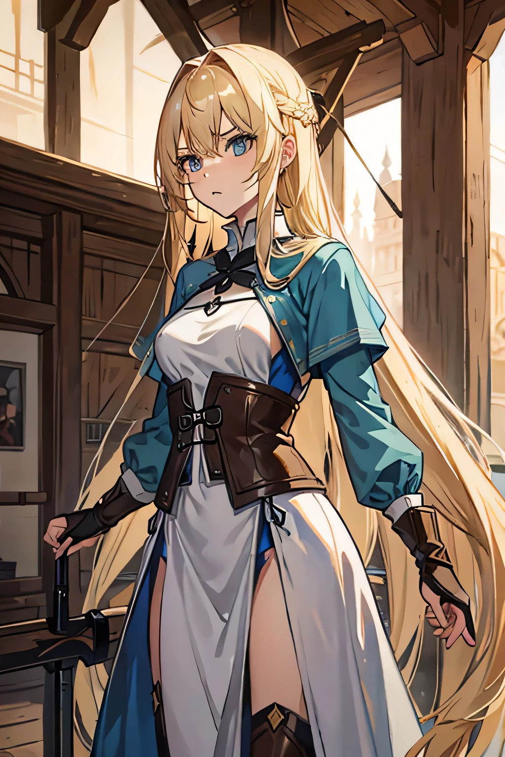 Tall, slim, medieval hunter girl with long, blonde hair and blue eyes, reserved look.