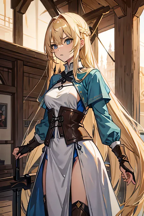 tall, slim, medieval hunter girl with long, blonde hair and blue eyes, reserved look.