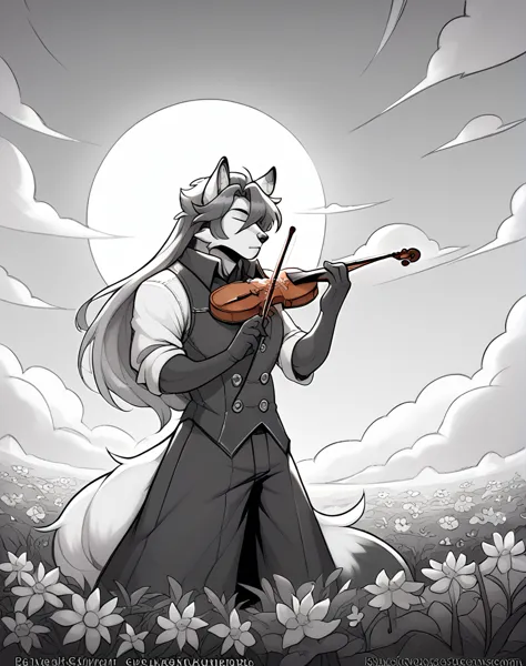 a fox, black and white fur, masculine, hairstyle (long hair), wearing a blouse, playing a violin, stopped, in the middle of a fi...