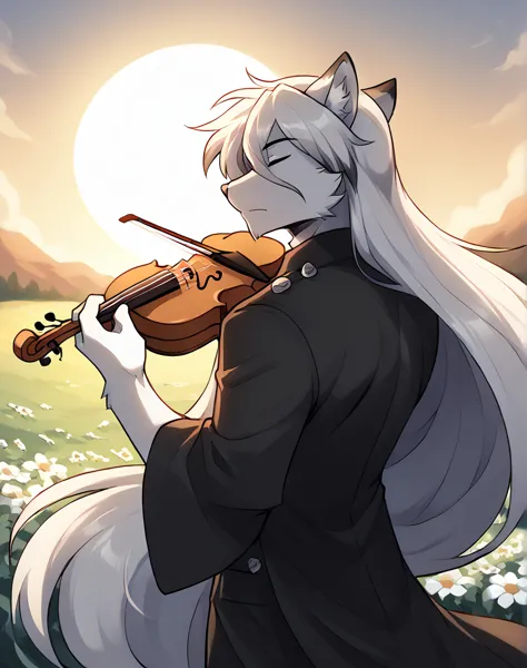 a fox, black and white fur, masculine, hairstyle (long hair), wearing a blouse, playing a violin, stopped, in the middle of a fi...