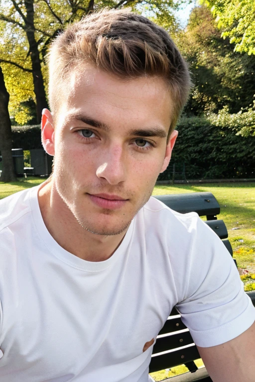 A young man, German man with white skin and honey eyes, athletic and handsome, 20 years, sitting on a park bench .
