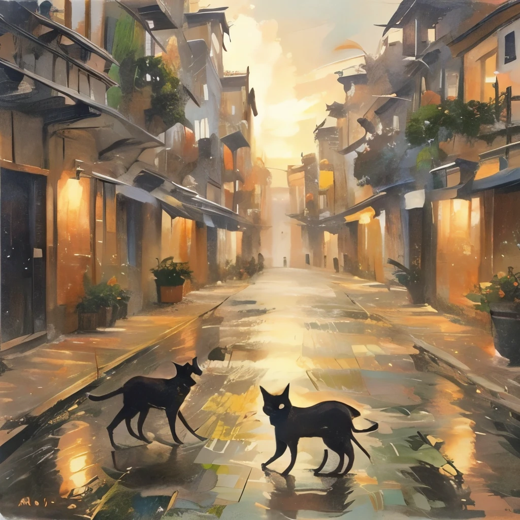 City alley、Black cat in the backstreet、Many black cats gather