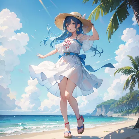 pretty girl,Painted in pastel colors, Summer clothes around her, Dancing in the Wind, High quality drawings,White dress,With blue belt,Blue lines on the cuffs,Straw hat,Red ribbon,Sandals,ストラップ付きSandals,Earrings,紫の宝石のEarrings,beach,Holding the hat,左手でHolding the hat,A strong wind is blowing,Water&#39;s Edge