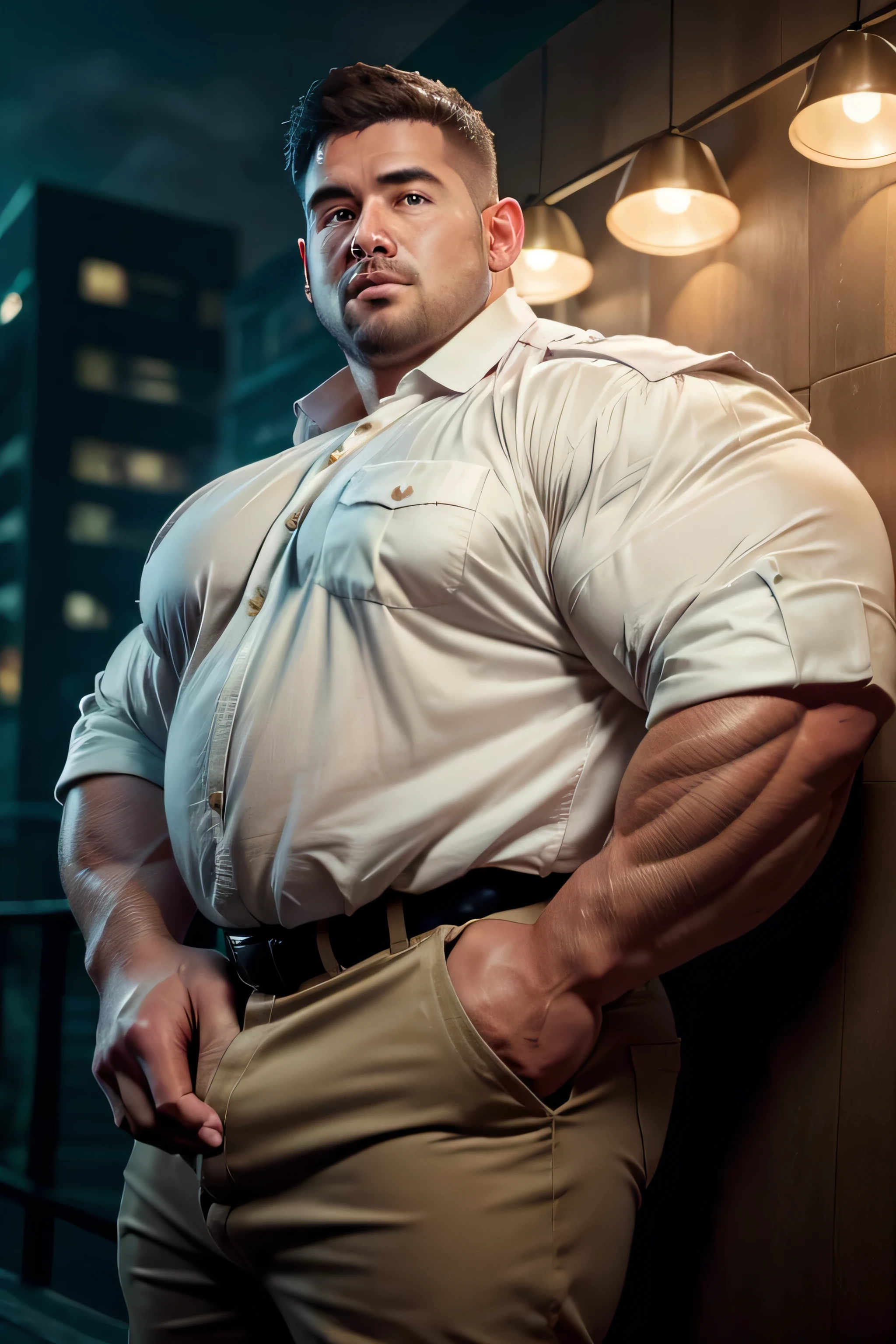 (8K. hyper-realistic, high definition, masterpiece) Handsome Caucasian businessman. 6'4- tall. Chubby- faced. Plump- faced. Chubby guy, medium- length brown hair. fluffy body. not muscular. Wearing a white, rolled-up long- sleeved shirt, wearing khaki trousers. scruffy face. upper-body shot. Baguio, Philippines. evening. dark background. foggy background. pine trees on the background. blurred background.