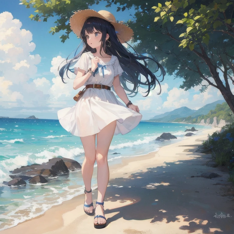 (masterpiece of the highest quality:1.2), One girl, Alone,pretty girl,Painted in pastel colors, Summer clothes around her, Dancing in the Wind, High quality drawings,White dress,With blue belt,Blue lines on the cuffs,Straw hat,Red ribbon,Sandals,ストラップ付きSandals,Earrings,紫の宝石のEarrings,beach,Holding the hat,左手でHolding the hat,A strong wind is blowing,Water&#39;s Edge