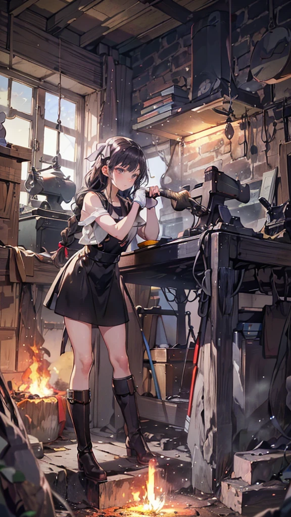 (Blacksmith girl student, Teenage Girls, Soft lips, Glowing Skin, Braided Hair, Soft Skin:1.25, Hair Ribbon, Concentrated expression,Long gloves:1.25,Swing the hammer high,holding a hammer in hand,Staring at the sword,she:1.25,Get down on one knee,Squat、Leather long boots),(8k, Best Quality, masterpiece:1.2, masterpieceHighly detailed, Very detailed), Vibrant colors, Line art,Flames dance,The stone shines like the sun