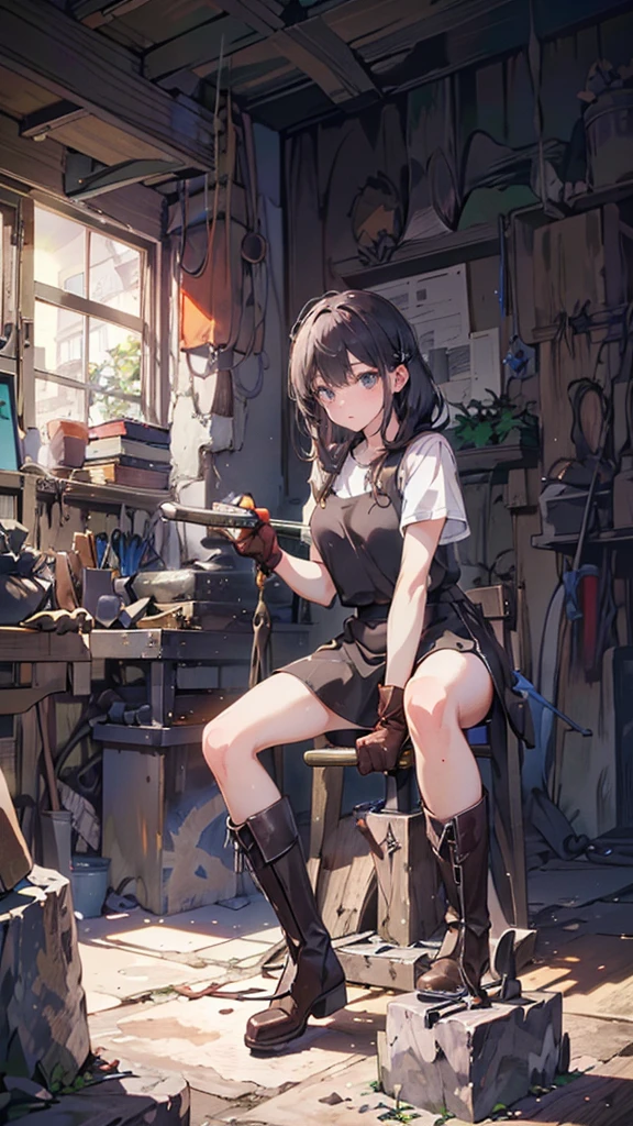 (Blacksmith girl student, Teenage Girls, Soft lips, Glowing Skin, Braided Hair, Soft Skin:1.25, Hair Ribbon, Concentrated expression,Long gloves:1.25,Swing the hammer high,holding a hammer in hand,Staring at the sword,she:1.25,Get down on one knee,Squat、Leather long boots),(8k, Best Quality, masterpiece:1.2, masterpieceHighly detailed, Very detailed), Vibrant colors, Line art,Flames dance,The stone shines like the sun