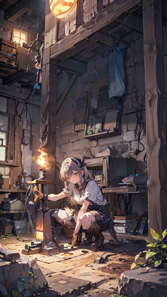 (Blacksmith girl student, Teenage Girls, Soft lips, Glowing Skin, Braided Hair, Soft Skin:1.25, Hair Ribbon, Concentrated expression,Long gloves:1.25,Swing the hammer high,holding a hammer in hand,Staring at the sword,she:1.25,Get down on one knee,Squat、Leather long boots),(8k, Best Quality, masterpiece:1.2, masterpieceHighly detailed, Very detailed), Vibrant colors, Line art,Flames dance,The stone shines like the sun