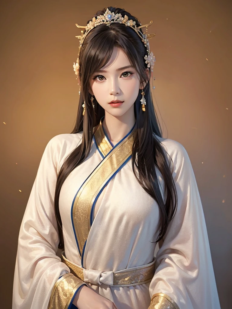 ancient chinese princess ， A girl wearing Hanfu, visual audience，, beautiful girl、Delicate body,exquisite eyes, Big 、Long hair,、Hair accessories Han Dynasty、Eternal,whole body、Lower Body，Three Kingdoms， solid color background, Smoky environment, Adds a touch of mystery and drama to the scene. Soft and even lighting, Casts soft shadows, Create an atmosphere of seriousness and focus.