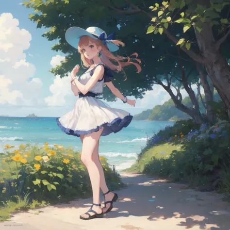 (masterpiece of the highest quality:1.2), One girl, Alone,(masterpiece of the highest quality:1.2), One girl, Alone,pretty girl,Painted in pastel colors, Summer clothes around her, Dancing in the Wind, High quality drawings,White dress,With blue belt,Blue lines on the cuffs,Straw hat,Red ribbon,Sandals,ストラップ付きSandals,Earrings,紫の宝石のEarrings,beach,Holding the hat,左手でHolding the hat,A strong wind is blowing,Water&#39;s Edge,Holding a parasol