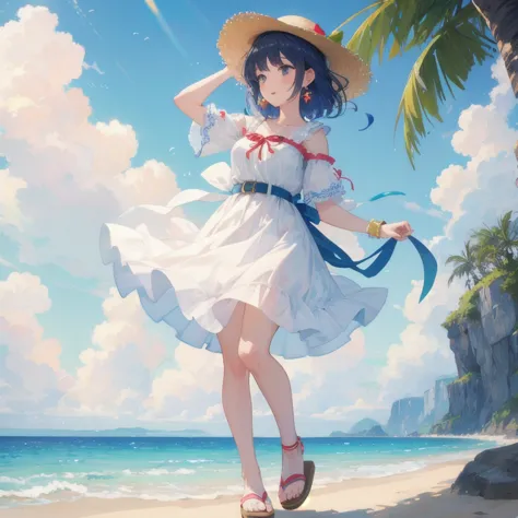 (masterpiece of the highest quality:1.2), One girl, Alone,(masterpiece of the highest quality:1.2), One girl, Alone,pretty girl,Painted in pastel colors, Summer clothes around her, Dancing in the Wind, High quality drawings,White dress,With blue belt,Blue lines on the cuffs,Straw hat,Red ribbon,Sandals,ストラップ付きSandals,Earrings,紫の宝石のEarrings,beach,Holding the hat,左手でHolding the hat,A strong wind is blowing,Water&#39;s Edge,Holding a parasol